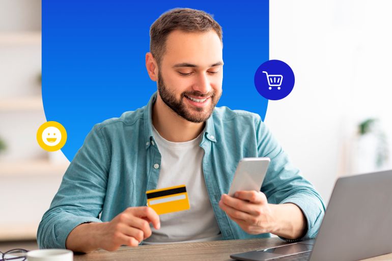 Hombre viendo diferencias entre pagos con tarjeta de crédito, débito y pagos móviles